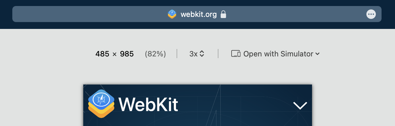 Close up cropped image of Responsive Design Mode showing with display size controls showing 485 × 985 (82%), 3x,  Open with Simulator button