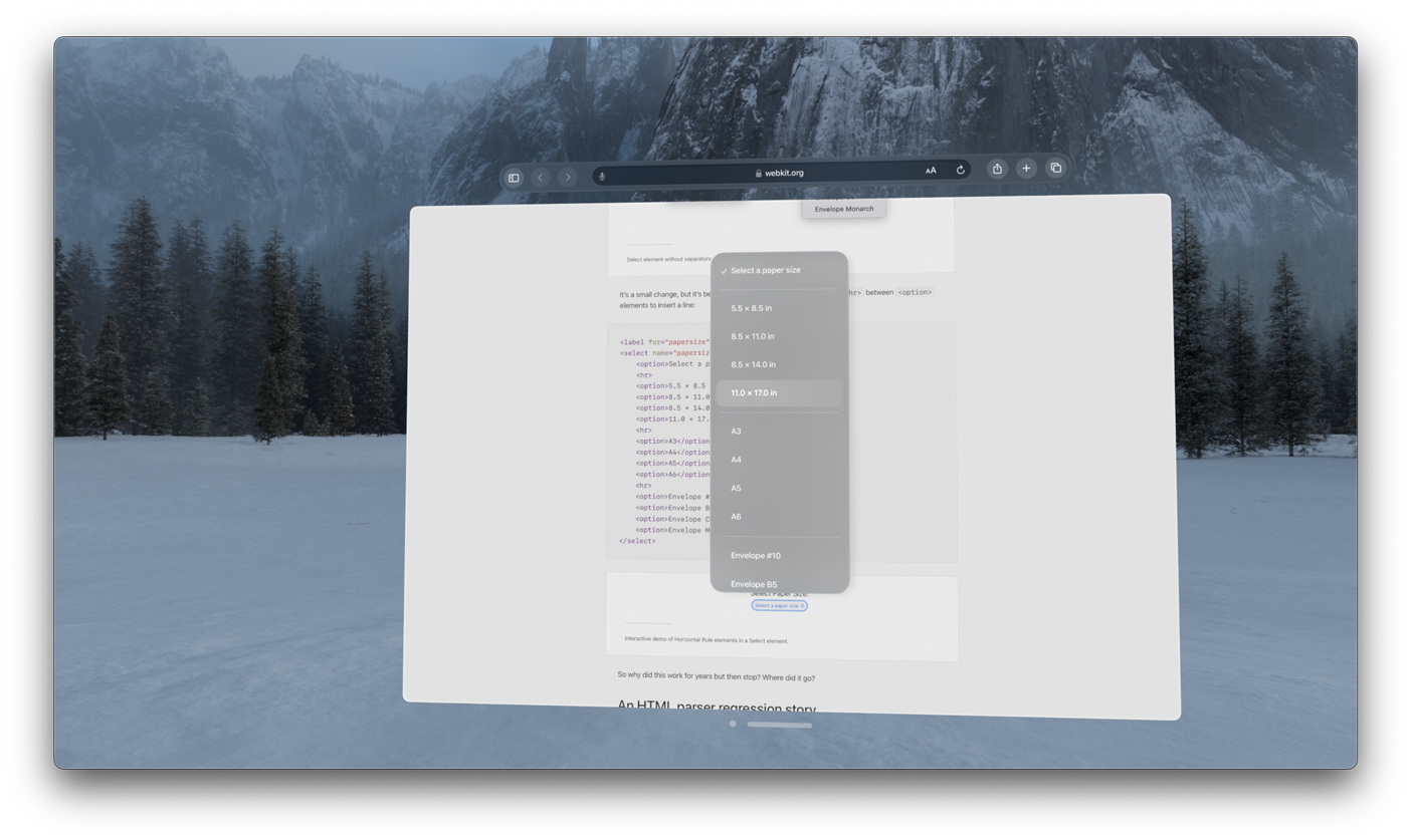 Safari window floating in front of mountains in Vision Pro, with a a select menu open on a web page, showing lines between list items