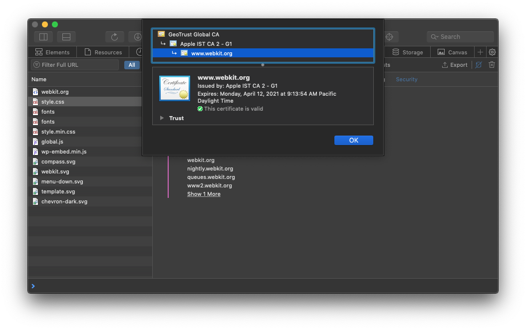 Web Inspector Network Tab resource security certificate in dark mode