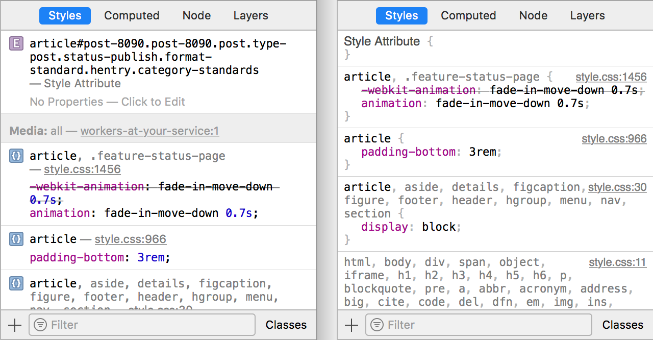 styles panel information density before & after