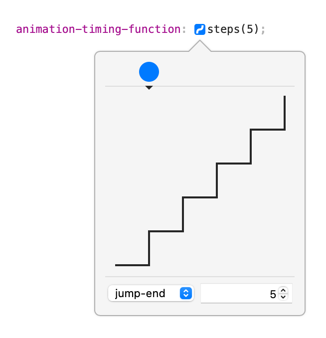 Screenshot of animation timing function steps editor, in Web Inspector. A dropdown box that shows the shape of the timing function — it looks like a set of steps in a staircase.